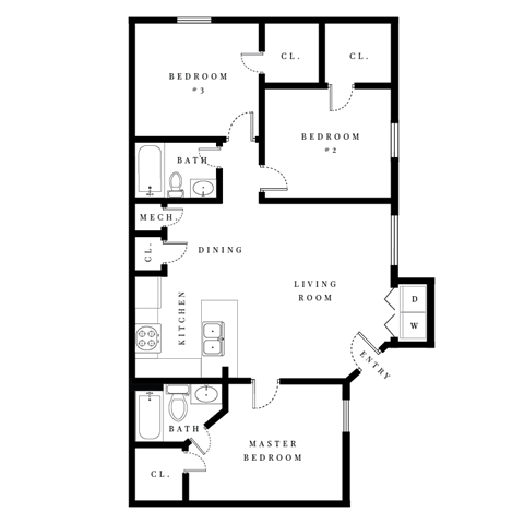 Floor plan for 3 beds, 2 baths, 1091 sqft